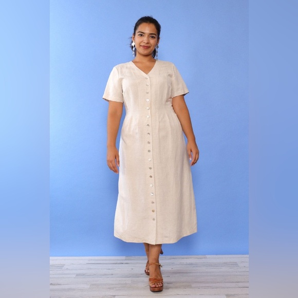 Orvis Tan Linen Button Dress Size 8 - Picture 3 of 9